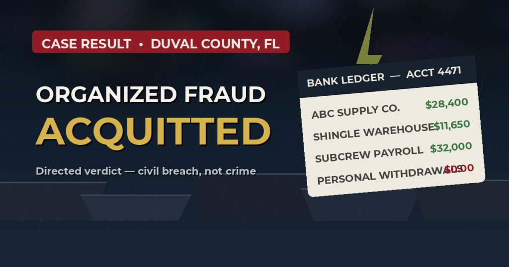Jacksonville roofing contractor acquitted of organized fraud after bank ledgers disproved criminal intent