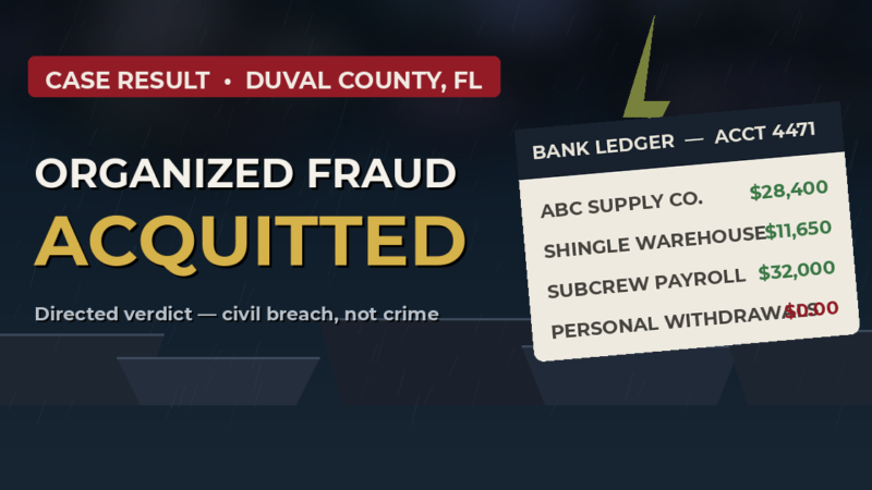 Jacksonville roofing contractor acquitted of organized fraud after bank ledgers disproved criminal intent